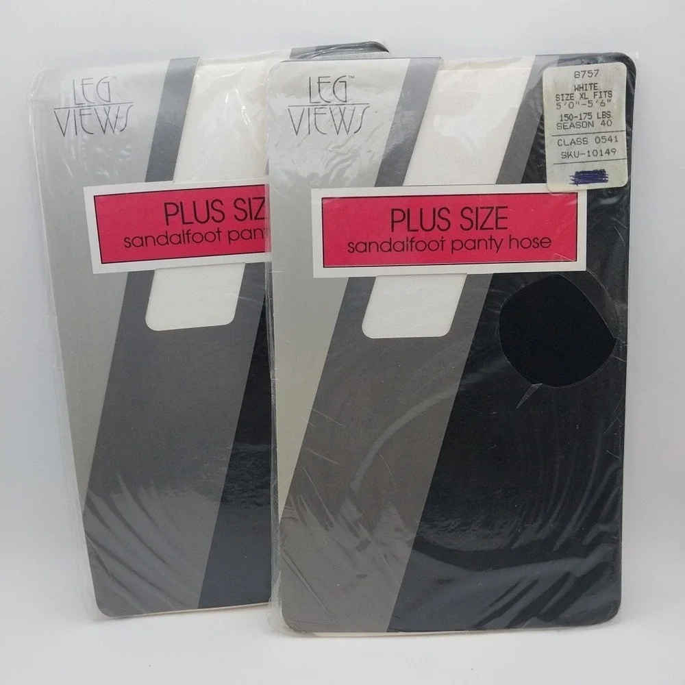 Vtg. XL White Nylon Sandalfoot Pantyhose Gold Circle Leg Views 150-175 Ib 2 pair